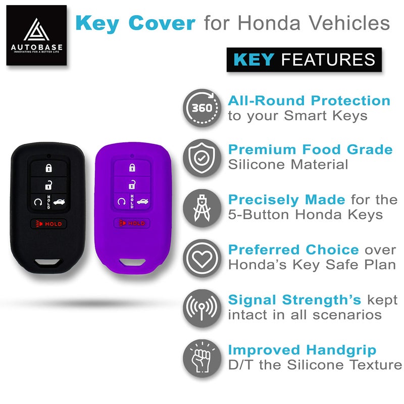 Autobase Silicone Key Fob Cover Compatible with Honda Accord Civic CR-V CRV Pilot Passport Insight EX EX-L Touring | Car Accessory | Key Protection Case 2 Pcs (Black & Purple) - Image 3